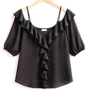 NWT OLIVIA GREY Black White Polka Dots Off the Shoulder Chiffon Ruffle Blouse XS